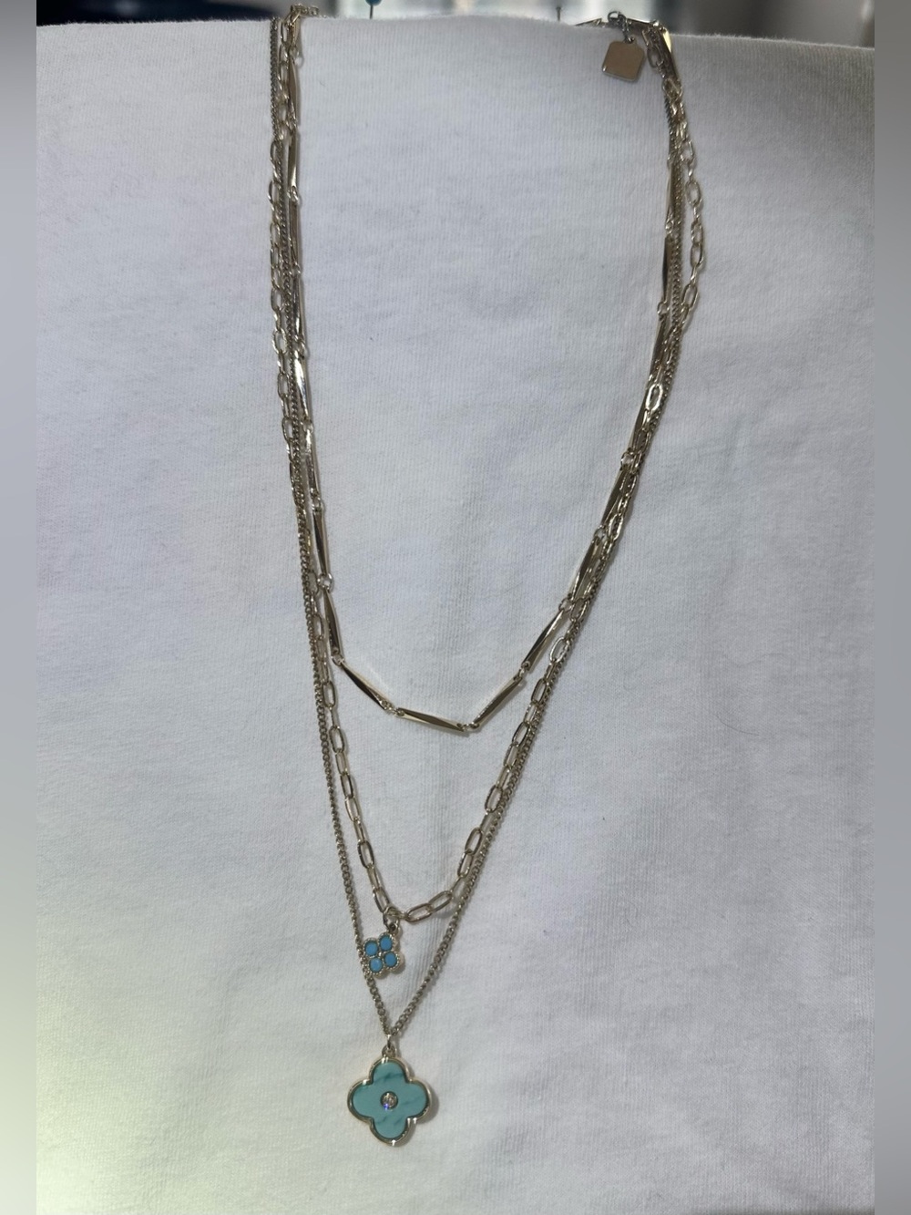 park lane - Layered Silver Necklace with Turquoise Flower Pendants